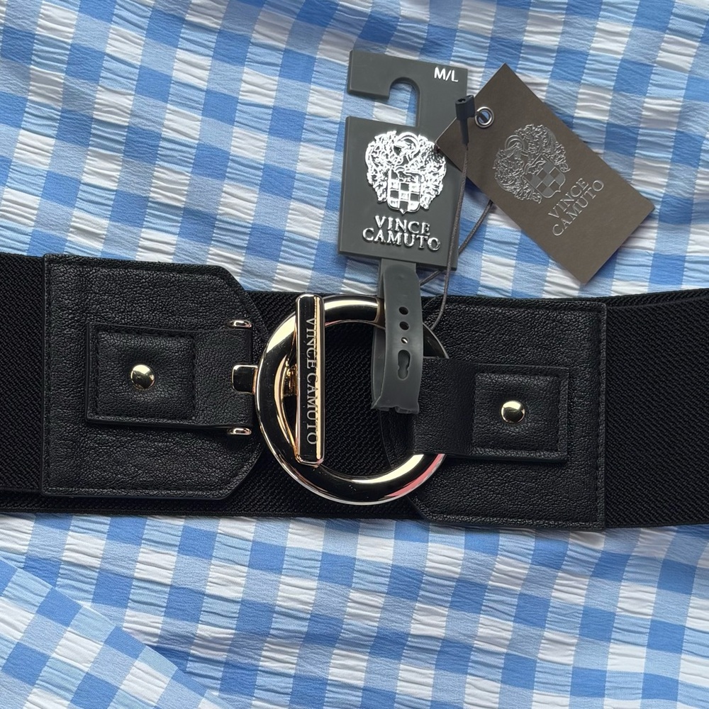 Vince Camuto Black Wide Elastic Belt with Gold Circular Buckle